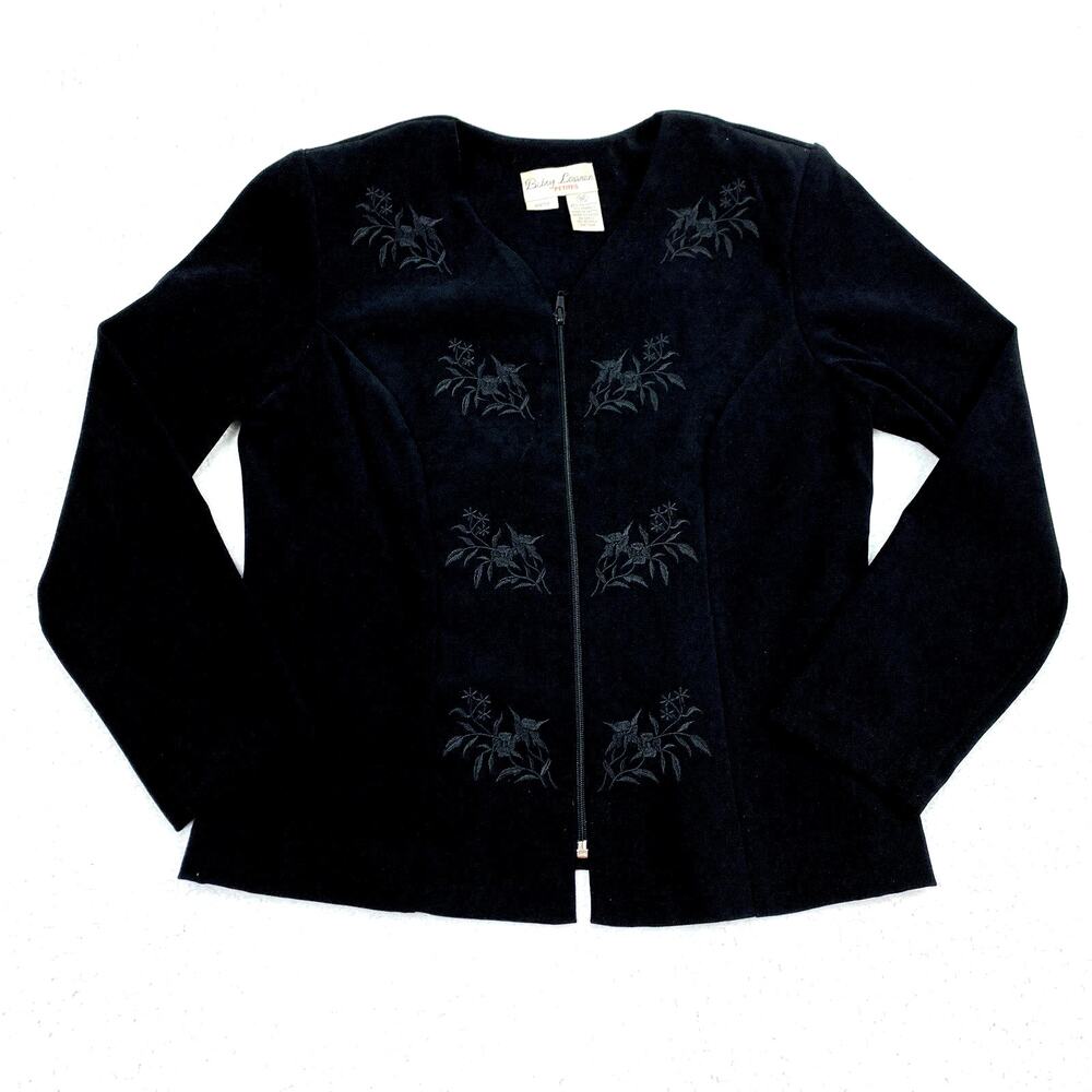 Betsy Lauren Suit Jacket‎ Womens 8P Black Vintage Full Zip Floral Suede Like